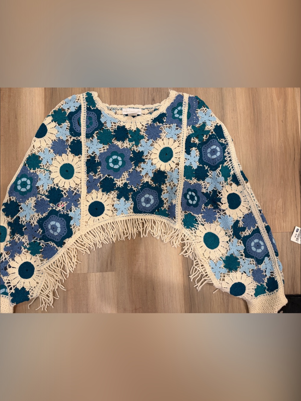 House of Harlow 1960 Blue and Cream Crochet Fringe Throw
